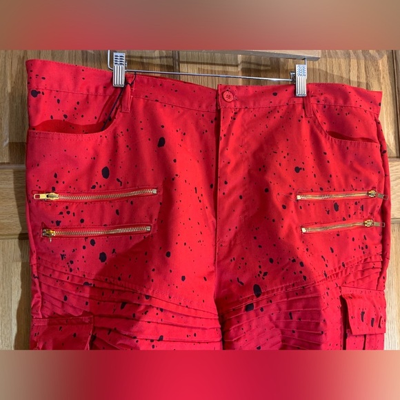 Brooklyn State Red w/Blk Splash Biker Zipper Stacked Slim Jeans Men's 5X 44X30+ - Picture 3 of 8